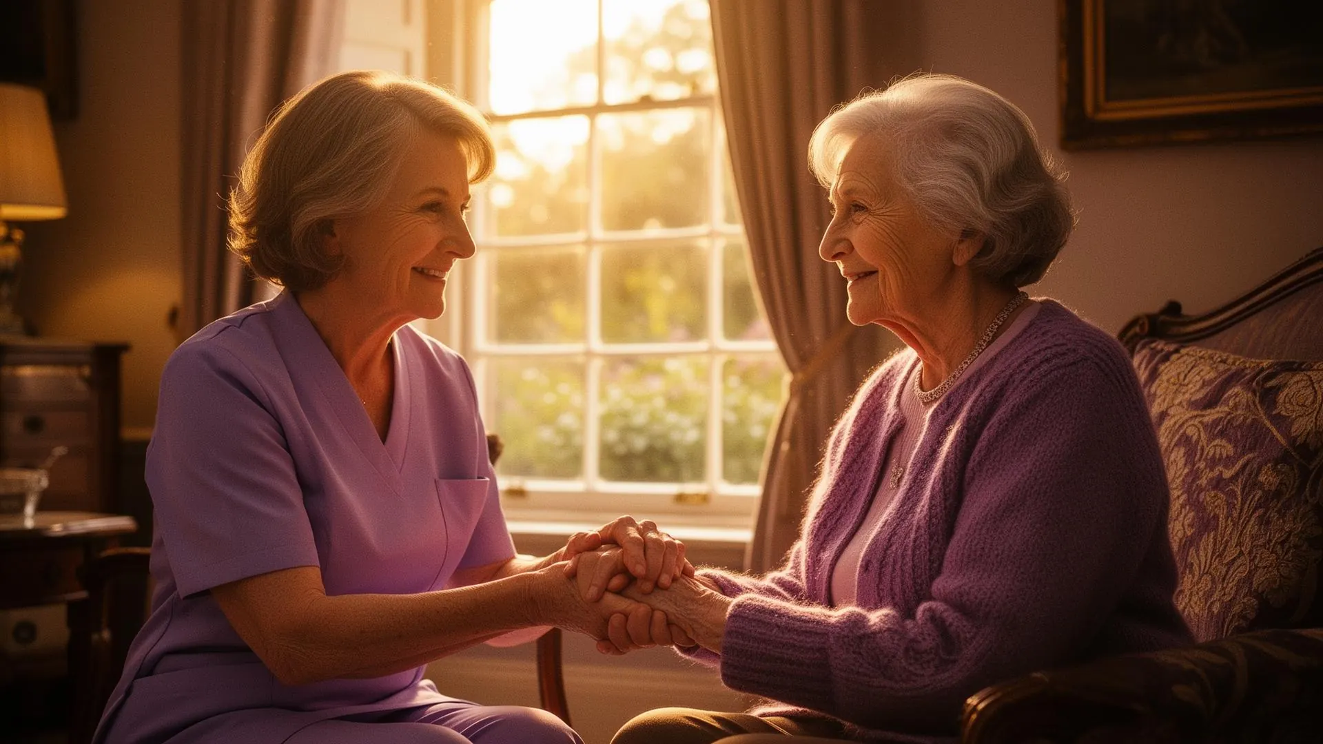 A warm female carer gently holds the hand of an elderly woman in a sunlit English sitting room