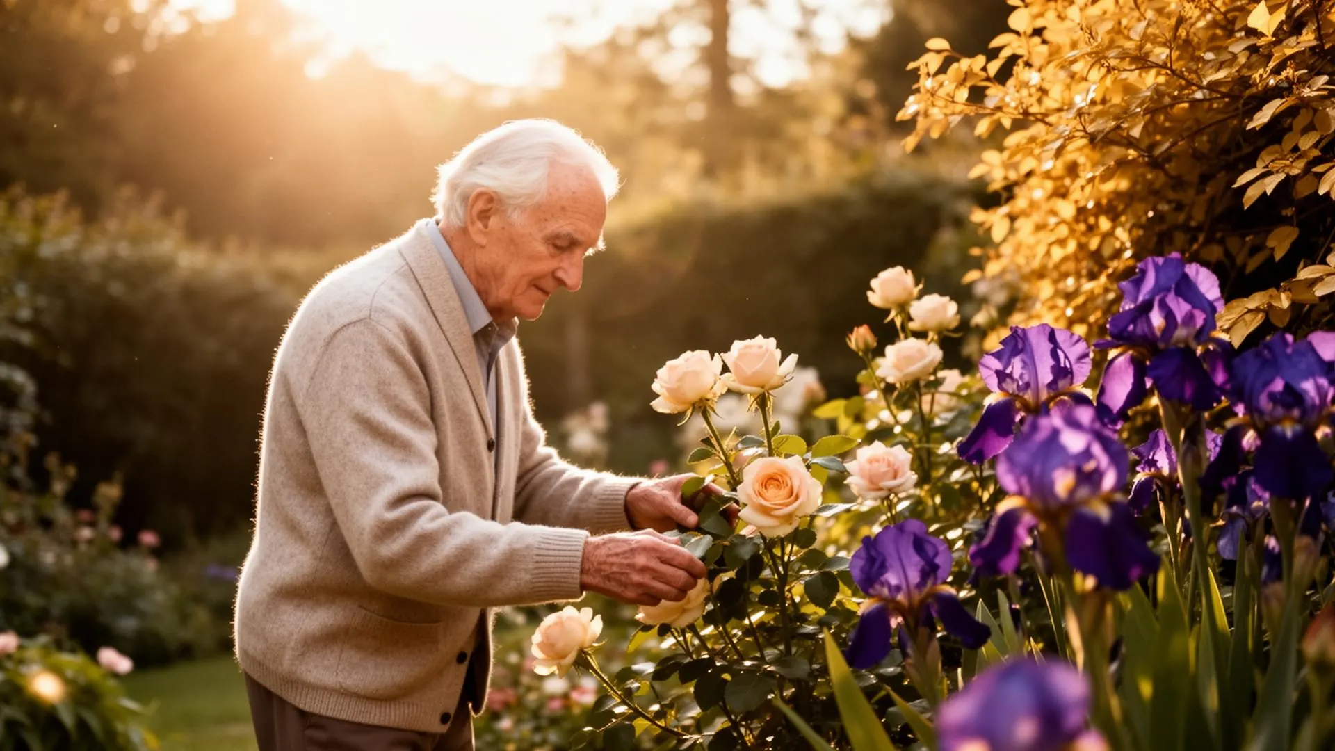 An elderly gentleman tends to roses and purple irises in his sunlit garden at golden hour