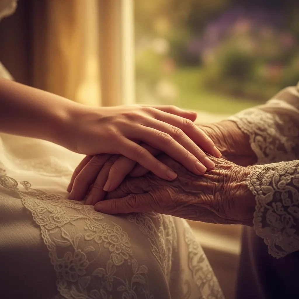 A younger hand resting gently on the weathered hand of an elder, soft golden window light